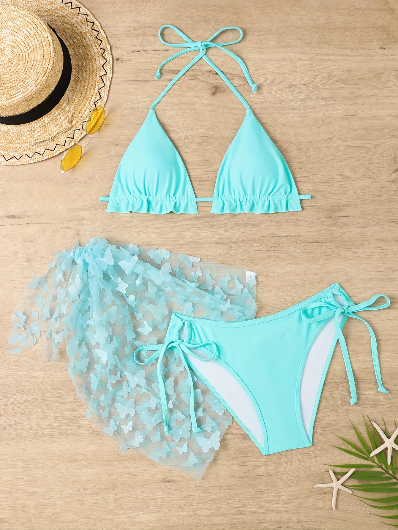 Solid Color Butterfly Applique 3 Piece Set Swimsuits, Triangle Halter Tie Strap Lettuce Trim Bikini, Women's Swimwear & Clothing